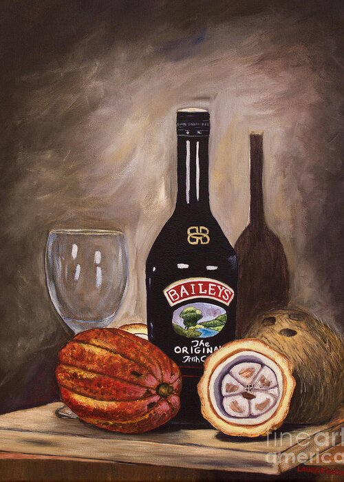 Still Life Greeting Card featuring the painting Cocoa Pods Coconut and Irish Cream by Laura Forde