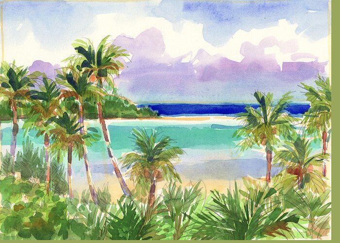 Cook Islands Greeting Card featuring the painting Coconut Palms and Lagoon, Aitutaki by Judith Kunzle