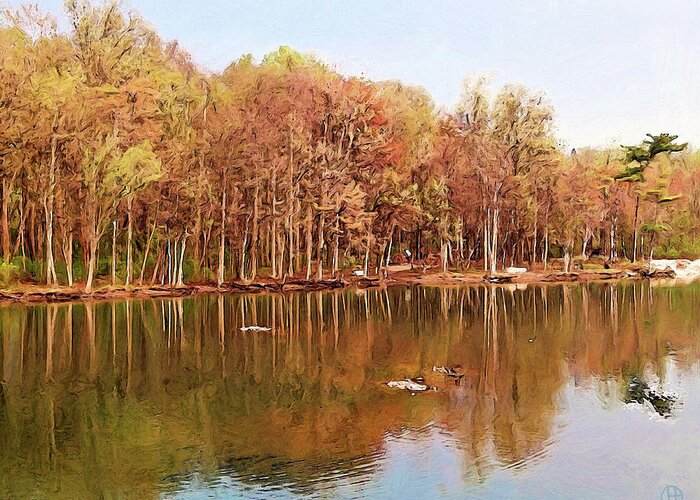 Coe Lake Greeting Card featuring the digital art Coe Lake at Gloamin' by Gary Olsen-Hasek