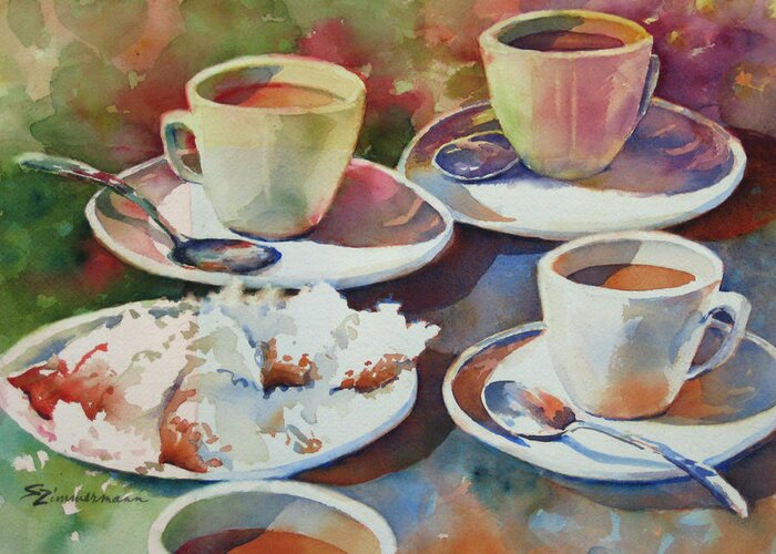 Coffee Greeting Card featuring the painting Coffee and Beignets by Sue Zimmermann