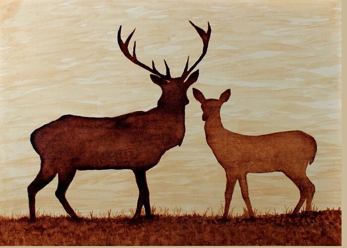 Deers Original Coffee Art On Paper Greeting Card featuring the painting Coffee painting Deer Love by Georgeta Blanaru