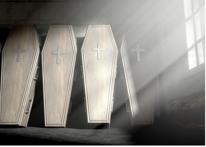 Burial Greeting Card featuring the digital art Coffin Row In A Room by Allan Swart