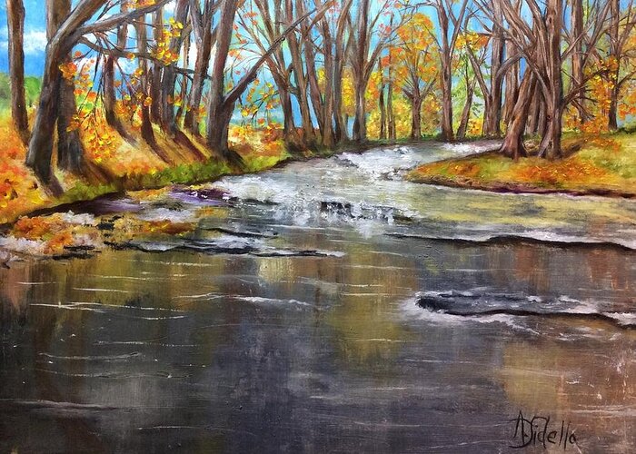 Oil Painting Of Creeks Greeting Card featuring the painting Cold Day at the Creek by Annamarie Sidella-Felts