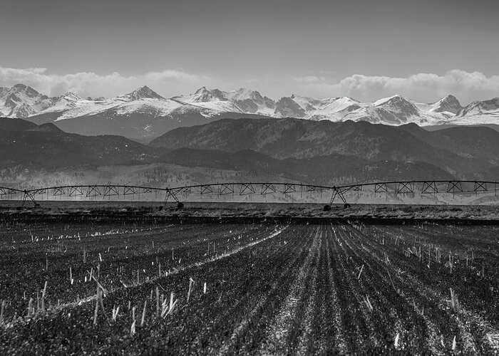 Farming Greeting Card featuring the photograph Colorado Rocky Mountain Agriculture View in Black and White by James BO Insogna