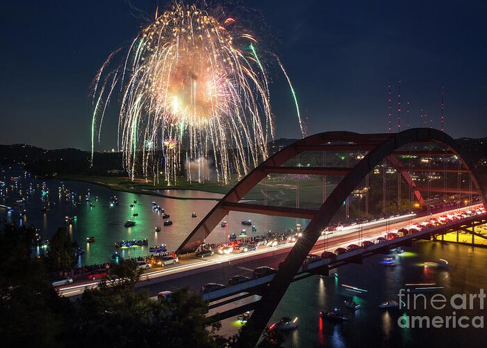 360 Bridge Greeting Card featuring the photograph Colorful 4th of July fireworks explode over the 360 Bridge over by Dan Herron