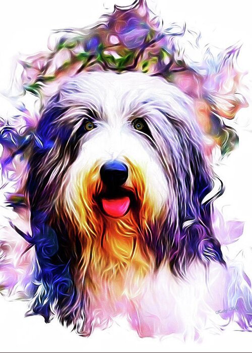 Bearded Collie Greeting Card featuring the digital art Colorful Bearded Collie by Kathy Kelly
