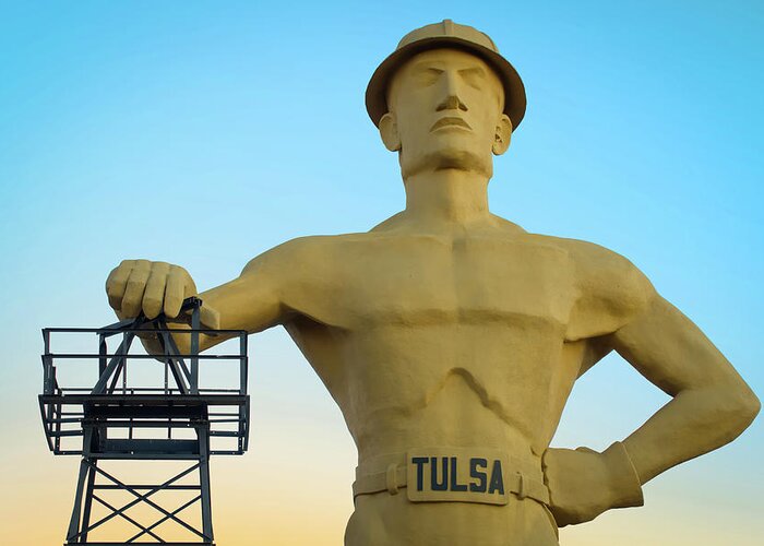 America Greeting Card featuring the photograph Colorful Dawn at the Tulsa Oklahoma Driller by Gregory Ballos
