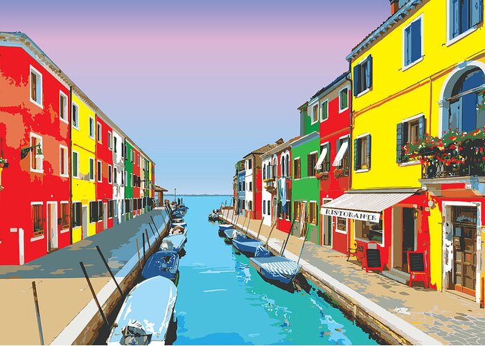 Burano Greeting Card featuring the digital art Colorful Houses in Burano, Italy by Inge Lewis