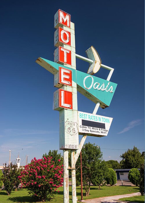 America Greeting Card featuring the photograph Colorful Oasis Motel Route 66 Sign - Tulsa Oklahoma by Gregory Ballos