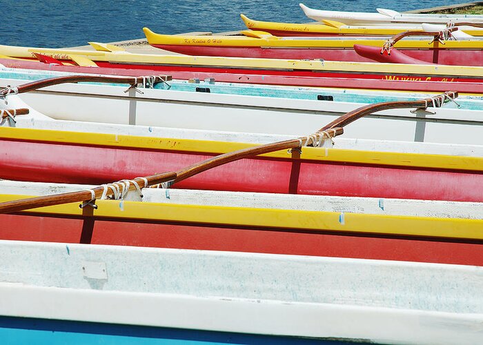 Afternoon Greeting Card featuring the photograph Colorful Outrigger Canoes by Mary Van de Ven - Printscapes