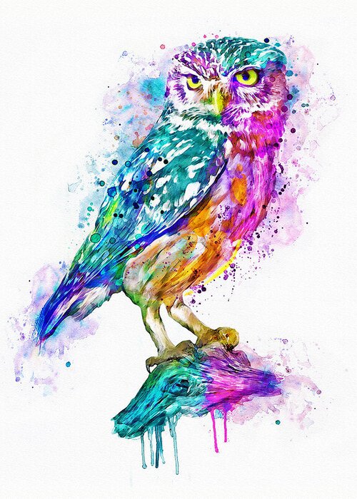 Colorful Greeting Card featuring the painting Colorful Burrowing Owl by Marian Voicu