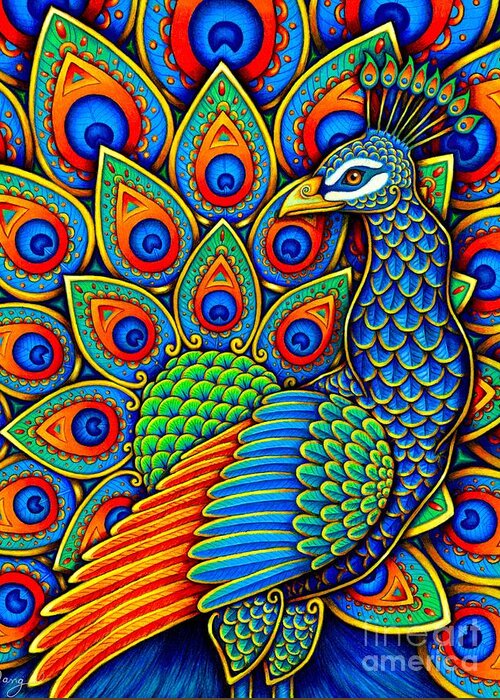 Peacock Greeting Card featuring the drawing Colorful Paisley Peacock by Rebecca Wang