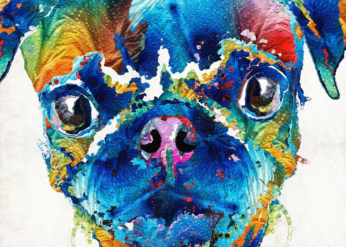Pug Greeting Card featuring the painting Colorful Pug Art - Smug Pug - By Sharon Cummings by Sharon Cummings