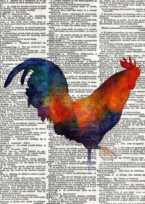 Rooster Greeting Card featuring the painting Colorful Rooster on Vintage Dictionary by Hailey E Herrera
