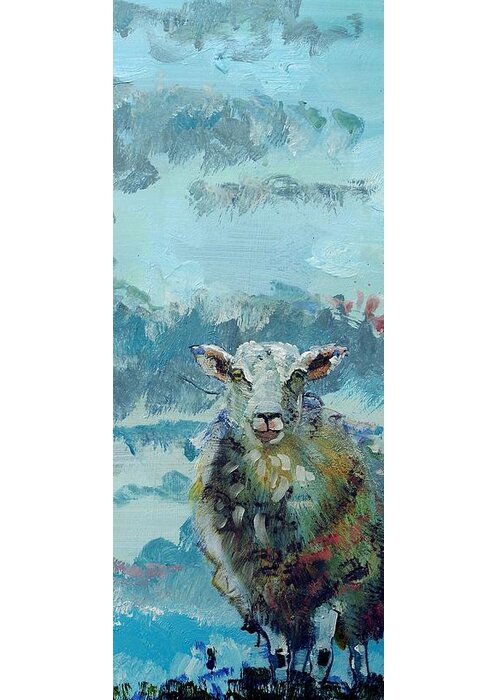 Colorful Greeting Card featuring the painting Colorful sky and sheep - narrow painting by Mike Jory