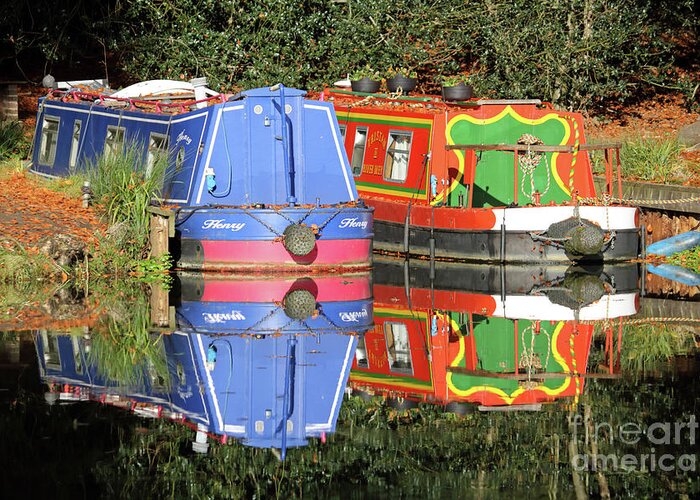 Colourful Canal Boats Barge Wey Canal Surrey Reflections Greeting Card featuring the photograph Colourful Canal Boats by Julia Gavin