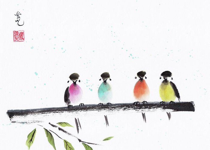 Zen Bird Painting Greeting Card featuring the painting Colourful Family by Oiyee At Oystudio