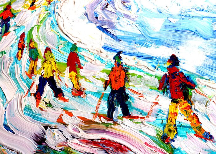 Skiing Greeting Card featuring the painting Colours Down the Piste by Pete Caswell