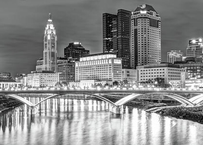 America Greeting Card featuring the photograph Columbus Skyline At Night Black and White Panorama - Ohio City Photography by Gregory Ballos