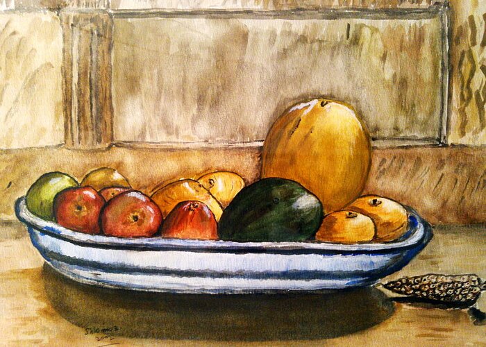 Painting Watercolor Sepia Fruit Still Life Come Together Greeting Card featuring the painting Come Together. by Shlomo Zangilevitch