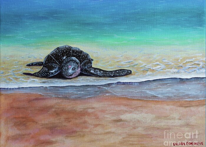 Leatherback Turtle Greeting Card featuring the painting Coming To Nest by Laura Forde