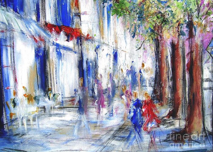 Semi Abstract Greeting Card featuring the painting Commission A Custom Painting Of Your Faorite Street In Semi Abstract Style Like This One by Mary Cahalan Lee - aka PIXI