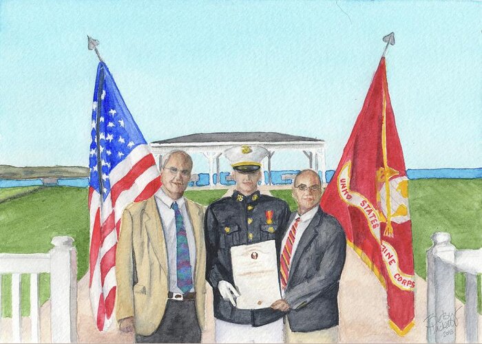 Commissioning Watercolor Portrait Marine Father Grandfather Usmc American Flag Marines Gazebo Portraits Greeting Card featuring the painting Commissioning by Betsy Hackett