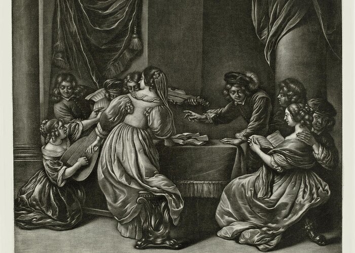 Mezzotint Greeting Card featuring the painting Concert with Nine Persons by Wallerant Vaillant