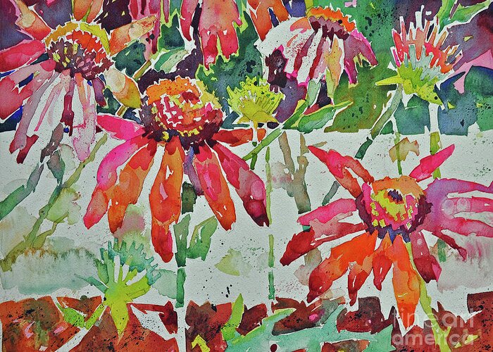 Florals Greeting Card featuring the painting Cone Flowers and Three Bands by Roger Parent