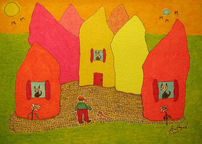 Hagood Greeting Card featuring the painting Cone-shaped Houses Man With Dog by Lew Hagood