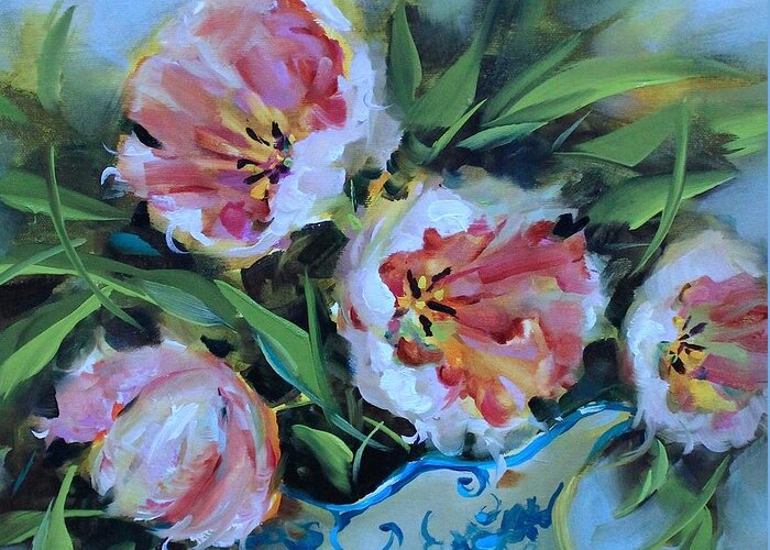 Nancy Medina Greeting Card featuring the painting Confectioners Sugar Pink Tulips by Nancy Medina