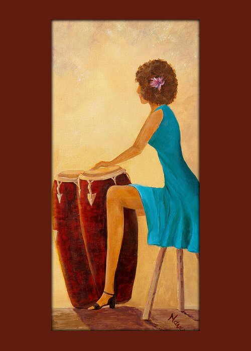 Drumming Greeting Card featuring the painting Conga Gal by Deborah Naves