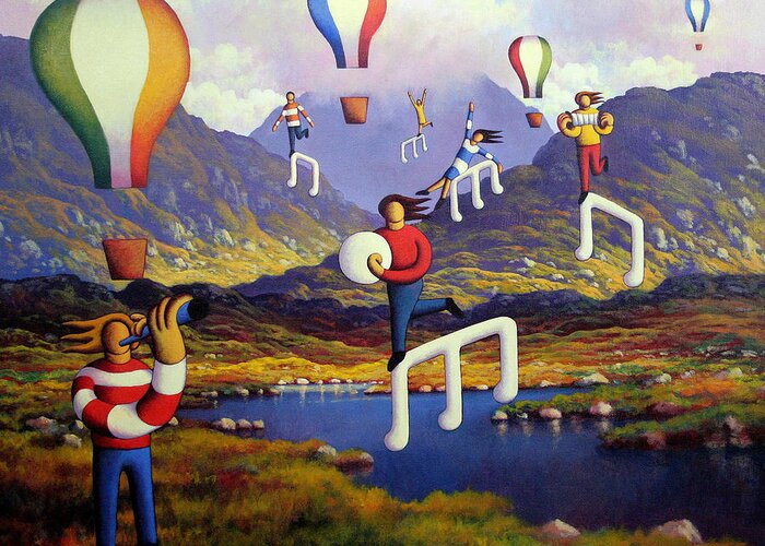  Kenny Greeting Card featuring the painting Connemara landscape with balloons and figures by Alan Kenny