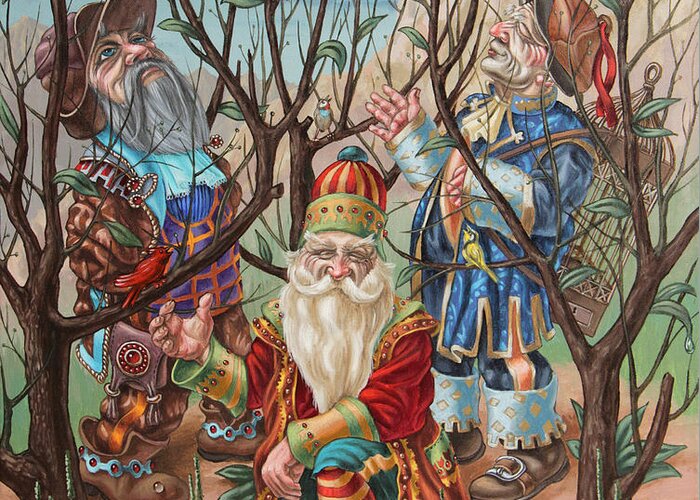 Gnome Greeting Card featuring the painting Connoisseurs of birdsong by Victor Molev