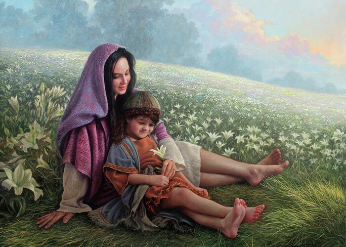 Jesus Greeting Card featuring the painting Consider the Lilies by Greg Olsen