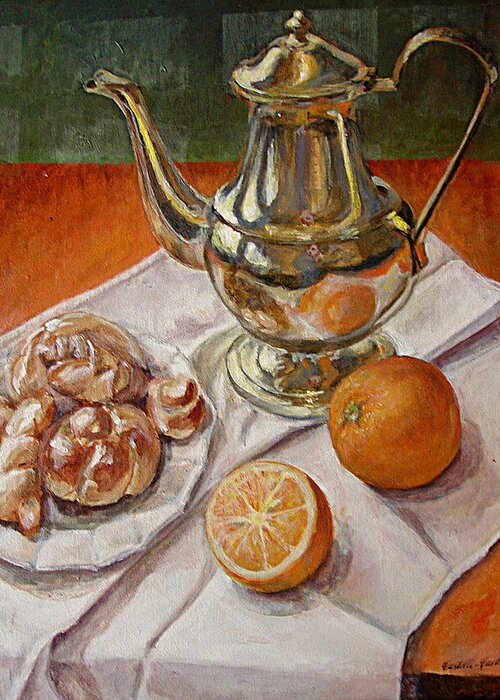 Continental Breakfast Greeting Card featuring the painting Continental Breakfast by JoAnne Castelli-Castor