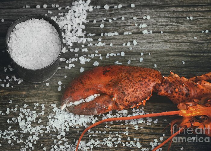 Cooked Greeting Card featuring the photograph Cooked lobster claw with sea salt on wood by Sandra Cunningham