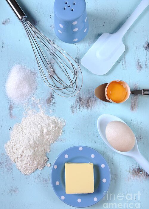 Food Greeting Card featuring the photograph Cooking and baking on vintage blue wood table. by Milleflore Images