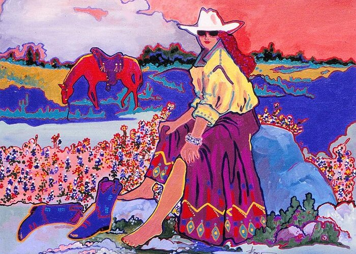 Cowgirl Greeting Card featuring the painting Cooling Their Heels by Adele Bower