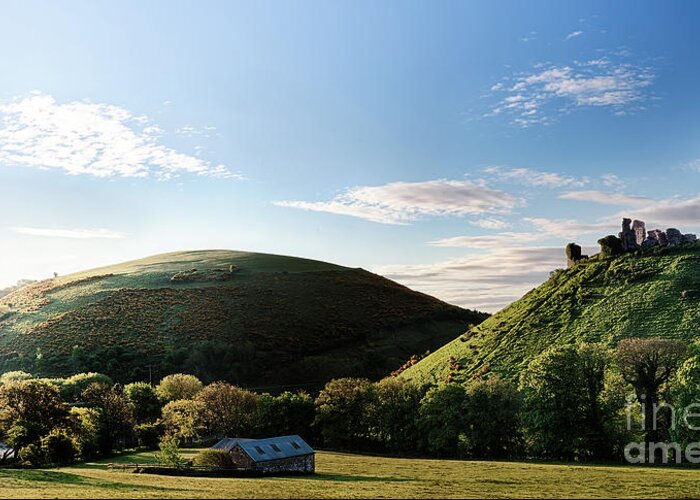 Corfe Castle Greeting Card featuring the photograph Corfe Castle morning panoramic by Simon Bratt