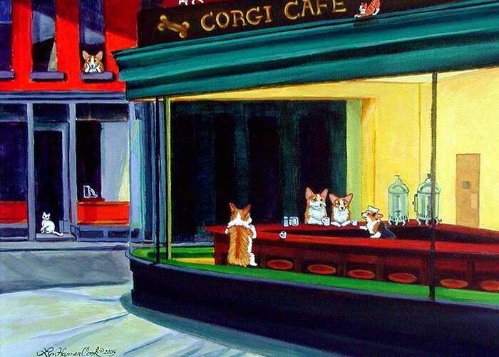 Pembroke Welsh Corgi Greeting Card featuring the painting Corgi Cafe after Hopper by Lyn Cook