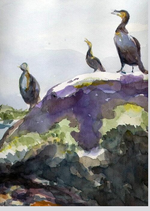 Bird Greeting Card featuring the painting Cormorants on Rock by Edith Hunsberger