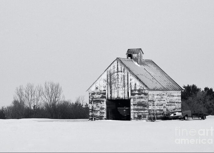 Corn Crib Farm Iowa Agriculture Winter Snow Black White Monochrome Greeting Card featuring the photograph Corn Crib in the Winter by Ken DePue