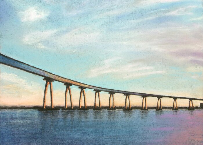 Coronado Greeting Card featuring the pastel Coronado Bridge Sunset A by Michael Heikkinen