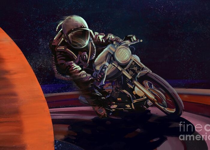 Cafe Racer Greeting Card featuring the painting Cosmic cafe racer by Sassan Filsoof