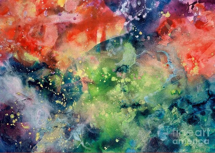 Abstract Greeting Card featuring the painting Cosmic Clouds by Lucy Arnold