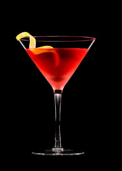 Alcohol Greeting Card featuring the photograph Cosmopolitan cocktail in front of a black background by U Schade
