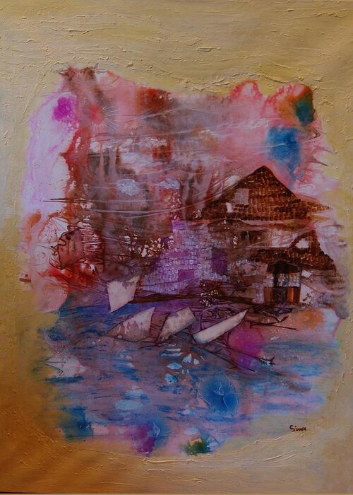 Abstract Greeting Card featuring the painting Cottage at the lake by Sima Amid Wewetzer