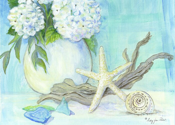 White Hydrangeas Greeting Card featuring the painting Cottage at the Shore 1 White Hydrangea Bouquet w Driftwood Starfish Sea Glass and Seashell by Audrey Jeanne Roberts