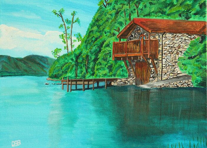 Water Greeting Card featuring the painting Cottage on lake by David Bigelow